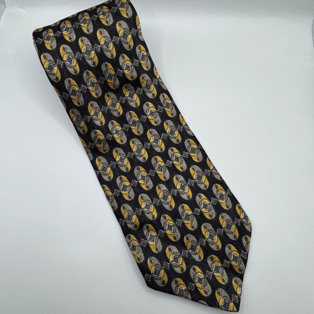 Geoffrey Beene Mens Silk Necktie Black Gold Silver Geometric Pattern Classic Tie